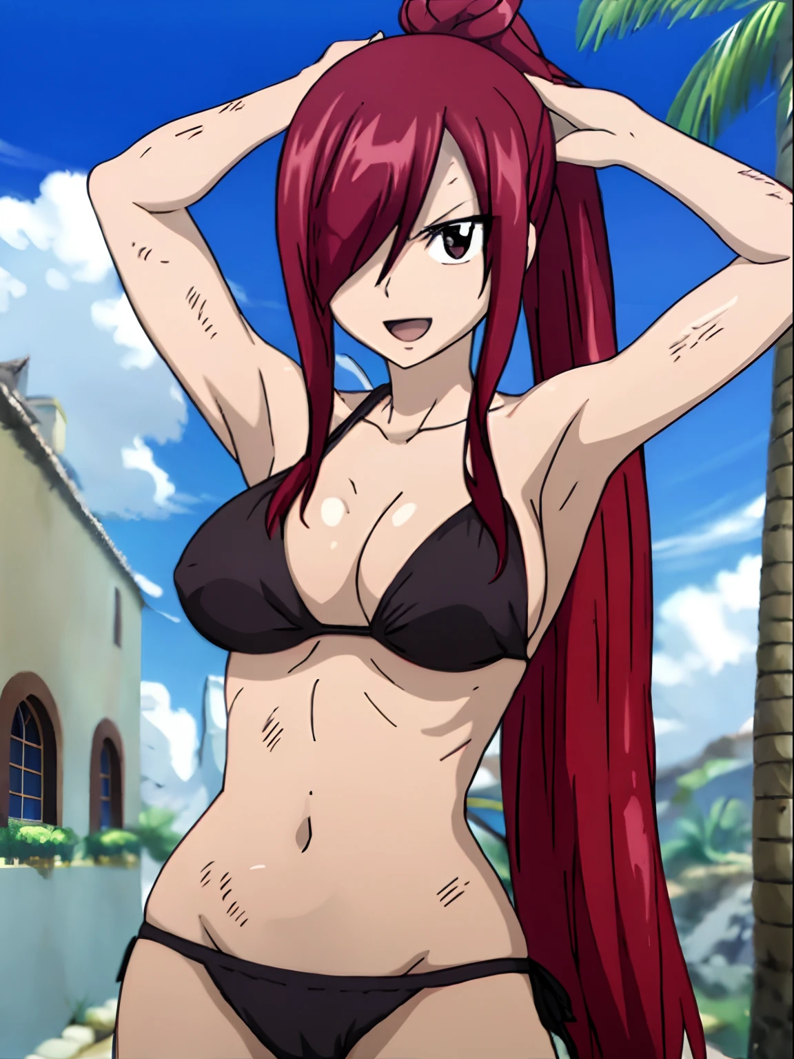 masterpiece, anime style, beach, best quality, highres, fairy tail, 1girl, long hair, ponytail, reddish hair, (bang cover one eye, one hidden eye, brown eye), large breasts, collarbone, midriff, black bikini, standing, outdoors, smile, open mouth, emo hair, thick arms, broad shoulders, mature woman, (tall), wide shoulders, long belly, armpit, strong arms, ultra detailed arms