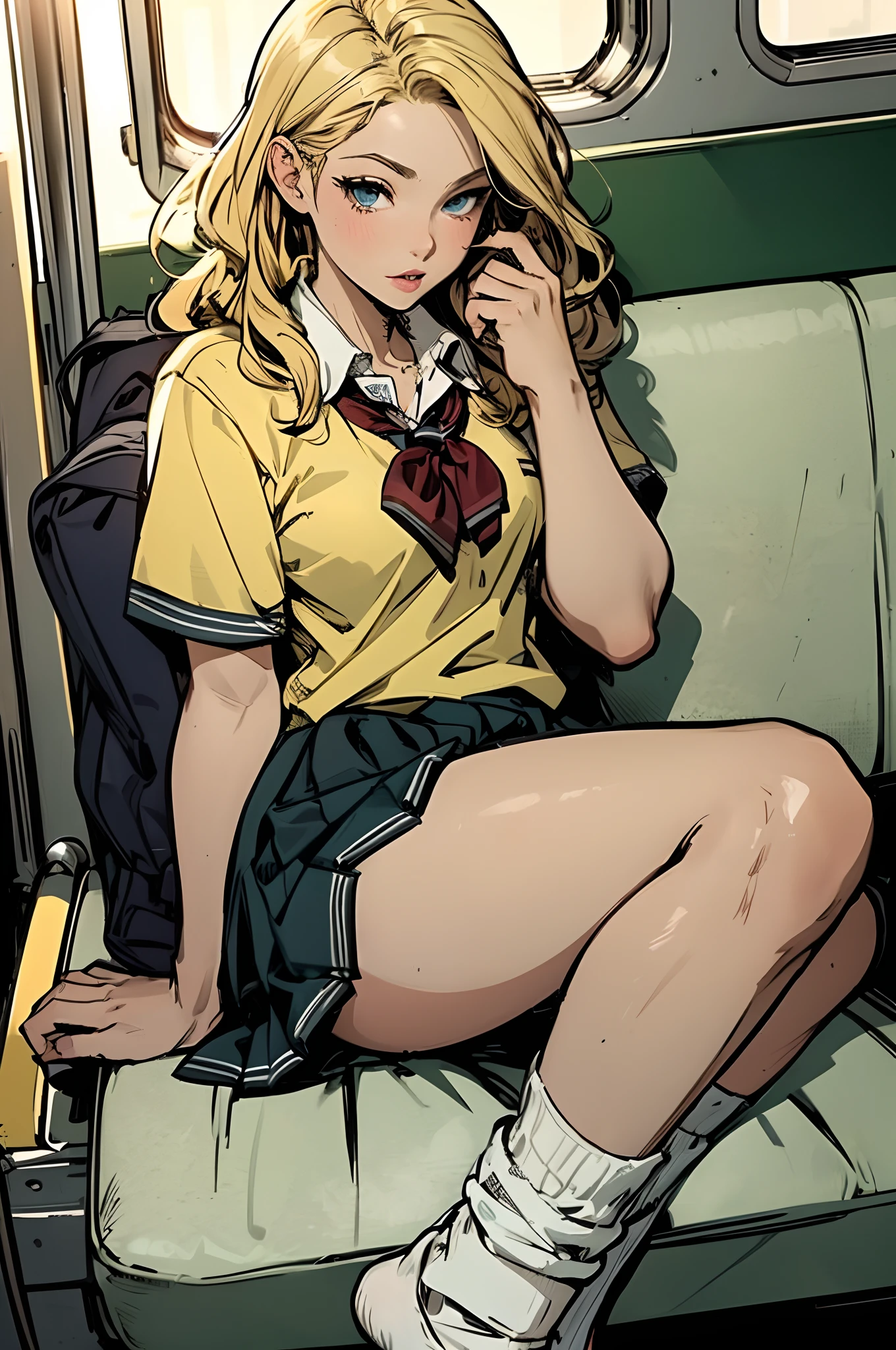 (masterpiece),sexy:1.2,solo,girl,(wavy hair,blonde hair),
(school uniform:1.2),baggy socks,