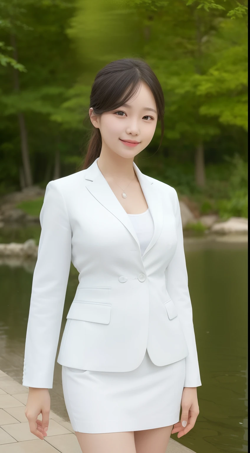A smiling girl,While wearing a white Business suits,White tight skirt,Stand by the pond,Side view,High hips,com rosto detalhado,The eyes are delicate,The photo quality is the best,Realistic image quality,Background diffuse lighting,Depth of field display。