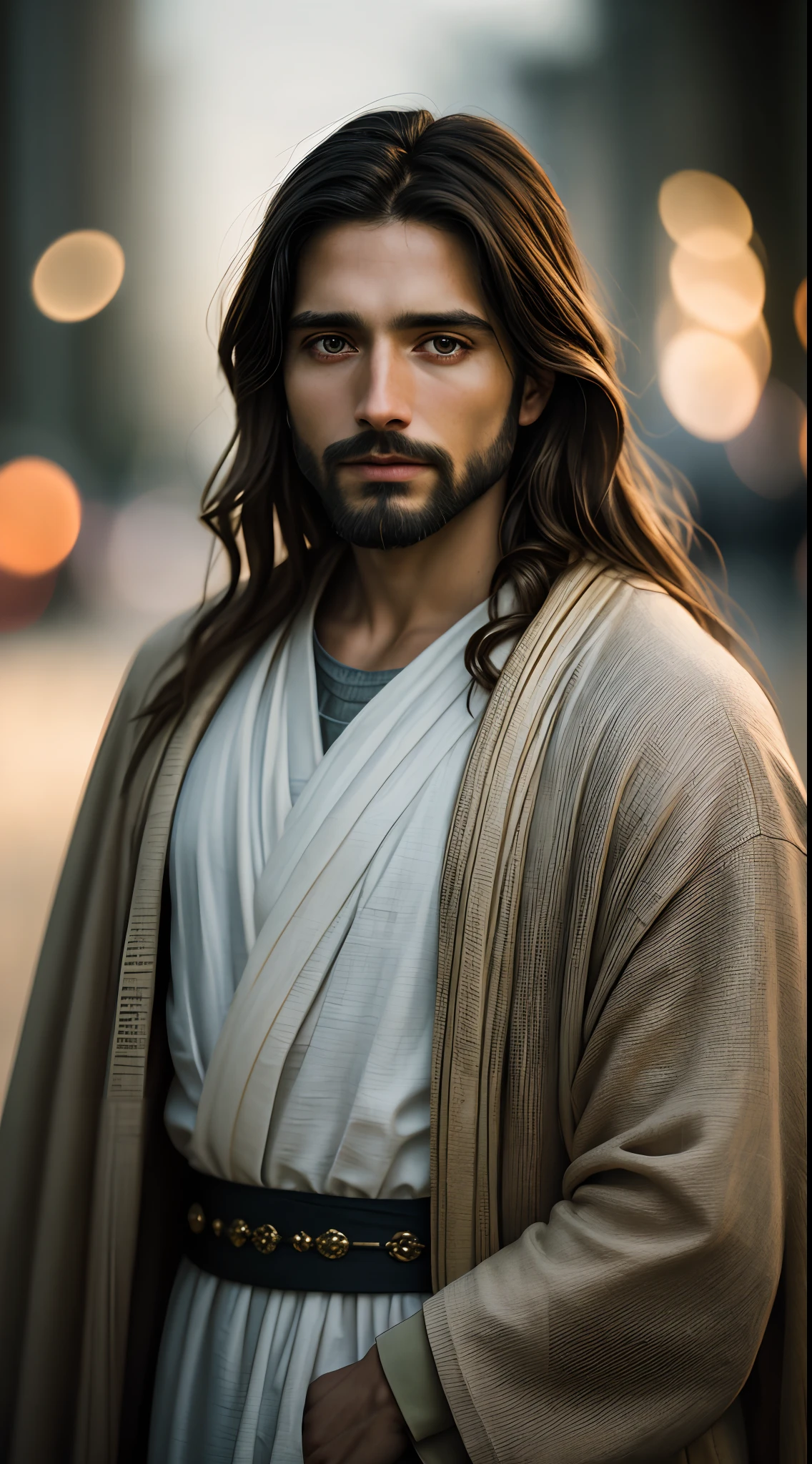 portrait of modern day Jesus, cinematic lighting, depth of field, bokeh, realism, photorealistic, hyperrealism, professional photography, uhd, dslr, hdr