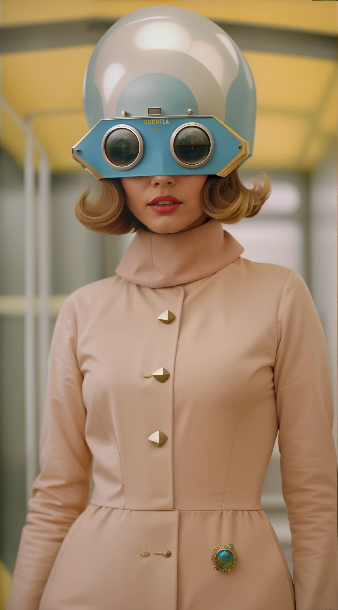 8k portrait of a 1960s science fiction film by Wes Anderson, Vogue anos 1960, pastels colors, There are people wearing futuristic animal masks and wearing extravagant retro fashion outfits and men and women wearing alien makeup and antique ornaments with mechanical pets in a park, Luz Natural, Psicodelia, futurista estranho, fotorrealista, hiper detalhado, foco nítido, Intrinsic, Fuji filmes 55mm,