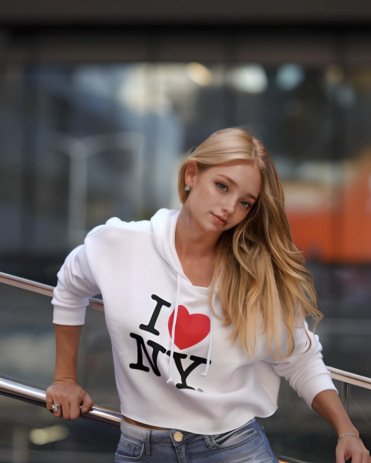 Rosto de uma mulher, americana, 25 anos, pale skin and freckles, olhos cinzas, nariz delicado, soft and delicate lips, cabelo blondie cinza longo ondulado, sorriso meigo