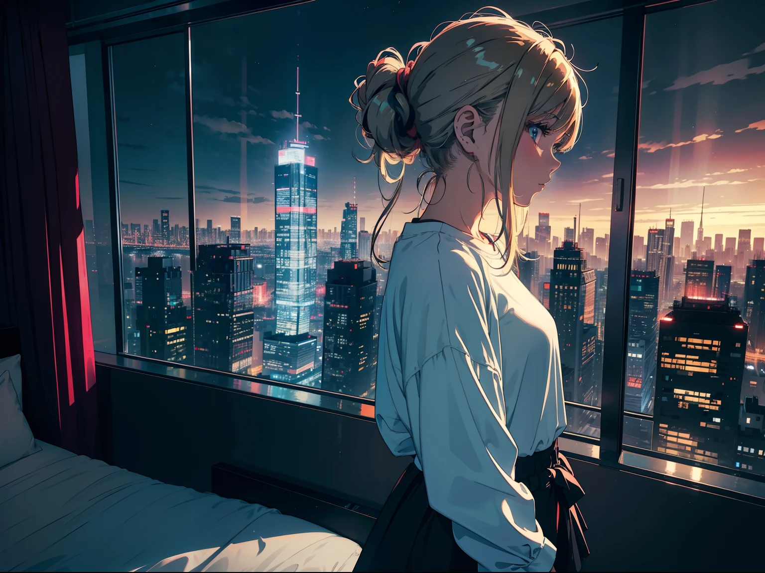 Masterpiece, high Quality, girl, hair with colorful highlights, hair tied up, comfortable outfit, wearing comfortable clothes, room of a high-rise building, hotel room, spacious room, minimalist room, girl standing looking at the window, floor to ceiling window, futuristic city, night city , modern city,