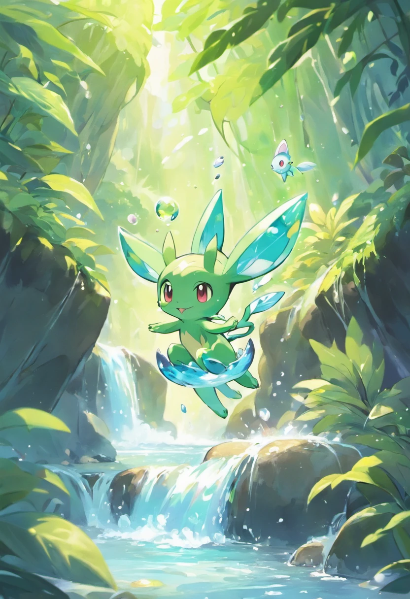 mew e celebi passeando em uma cachoeira
