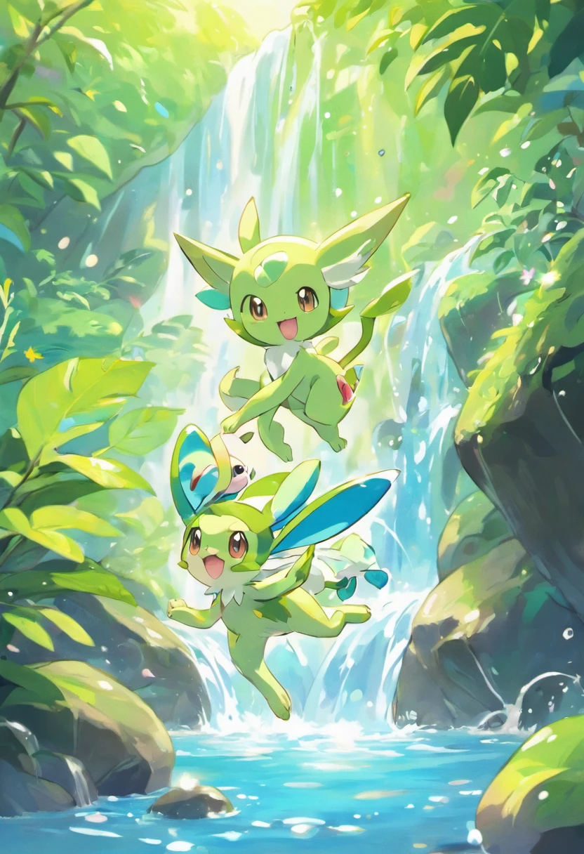 mew e celebi passeando em uma cachoeira