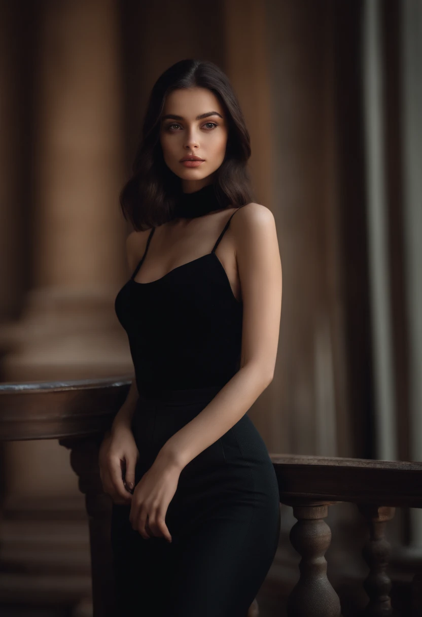 arafed woman with black clothes, sexy girl with brown eyes, portrait sophie mudd, black hair and large eyes, selfie of a young woman, bedroom eyes, violet myers, without makeup, natural makeup, looking directly at the camera, face with artgram, subtle makeup, stunning full body shot, in Rome wearing a hat , cleavage