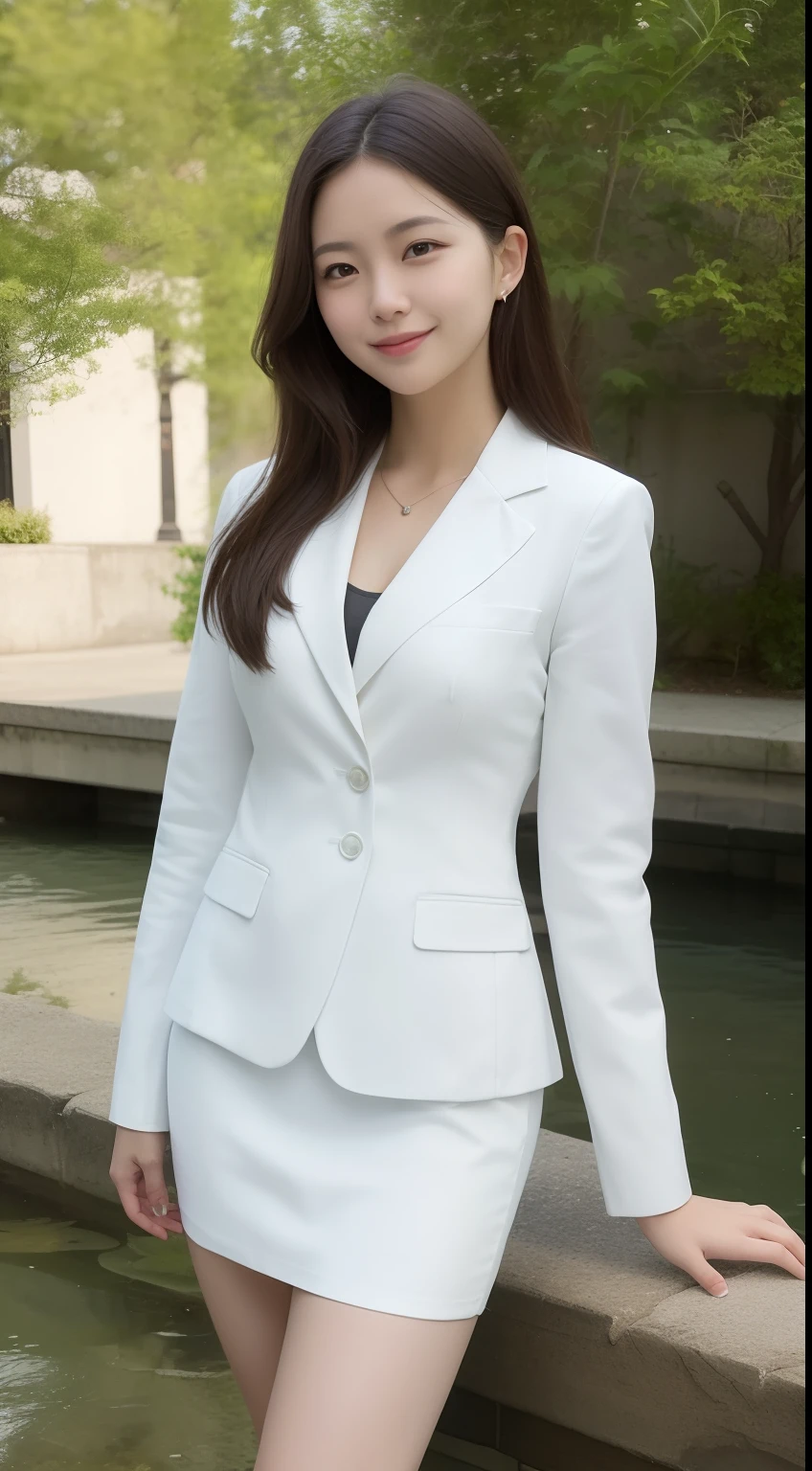 A smiling girl,While wearing a white Business suits,White tight skirt,Stand by the pond,Side view,High hips,com rosto detalhado,The eyes are delicate,The photo quality is the best,Realistic image quality,Background diffuse lighting,Depth of field display。