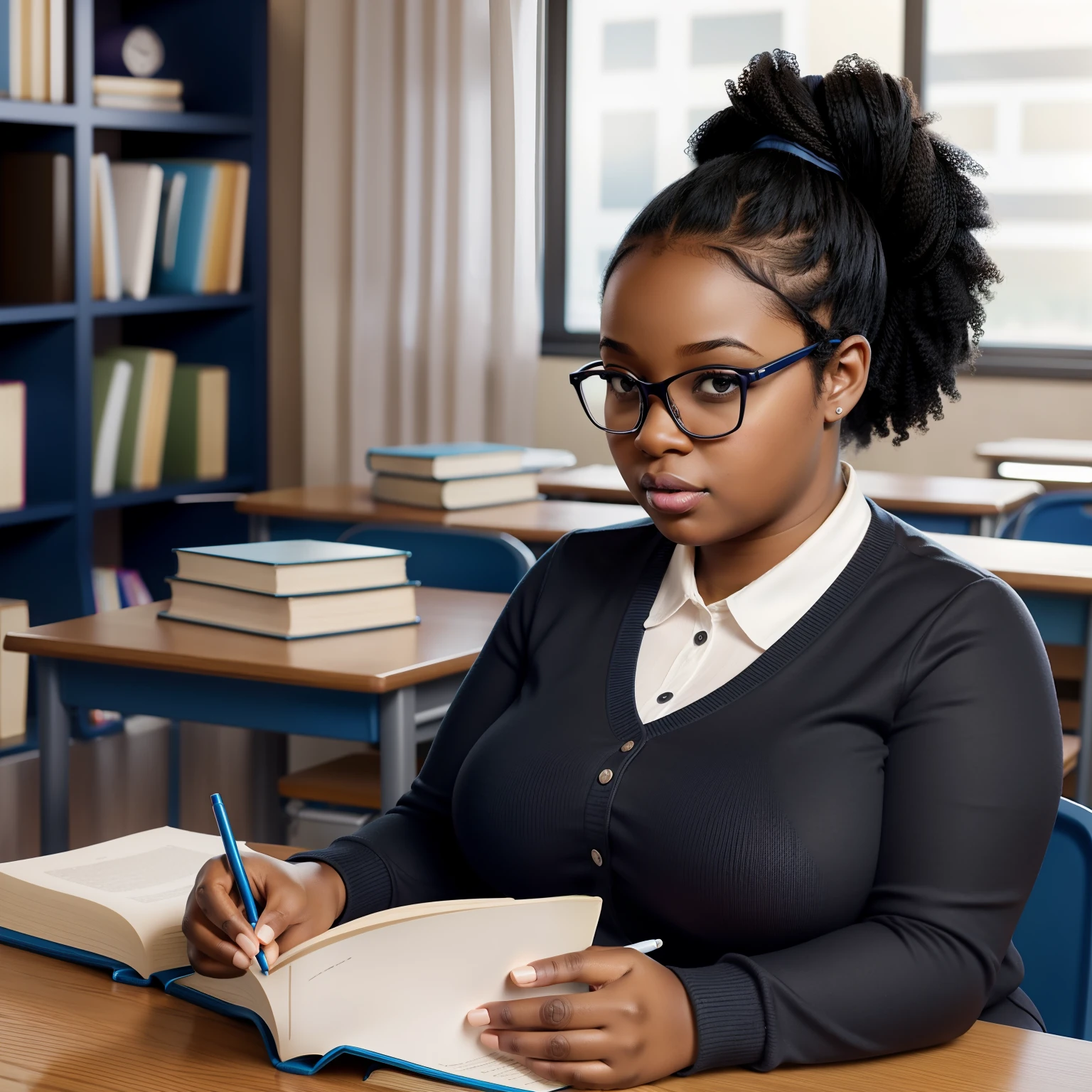 Hyper realistic, very fat black girl, dynamic lighting, very detailed, hydrated black skin, short hair, curly hair, nerdy glasses, big boobs. Studying, blue school uniform, sitting, classroom, hair tied, ponytail, books on the table, pens and pencils