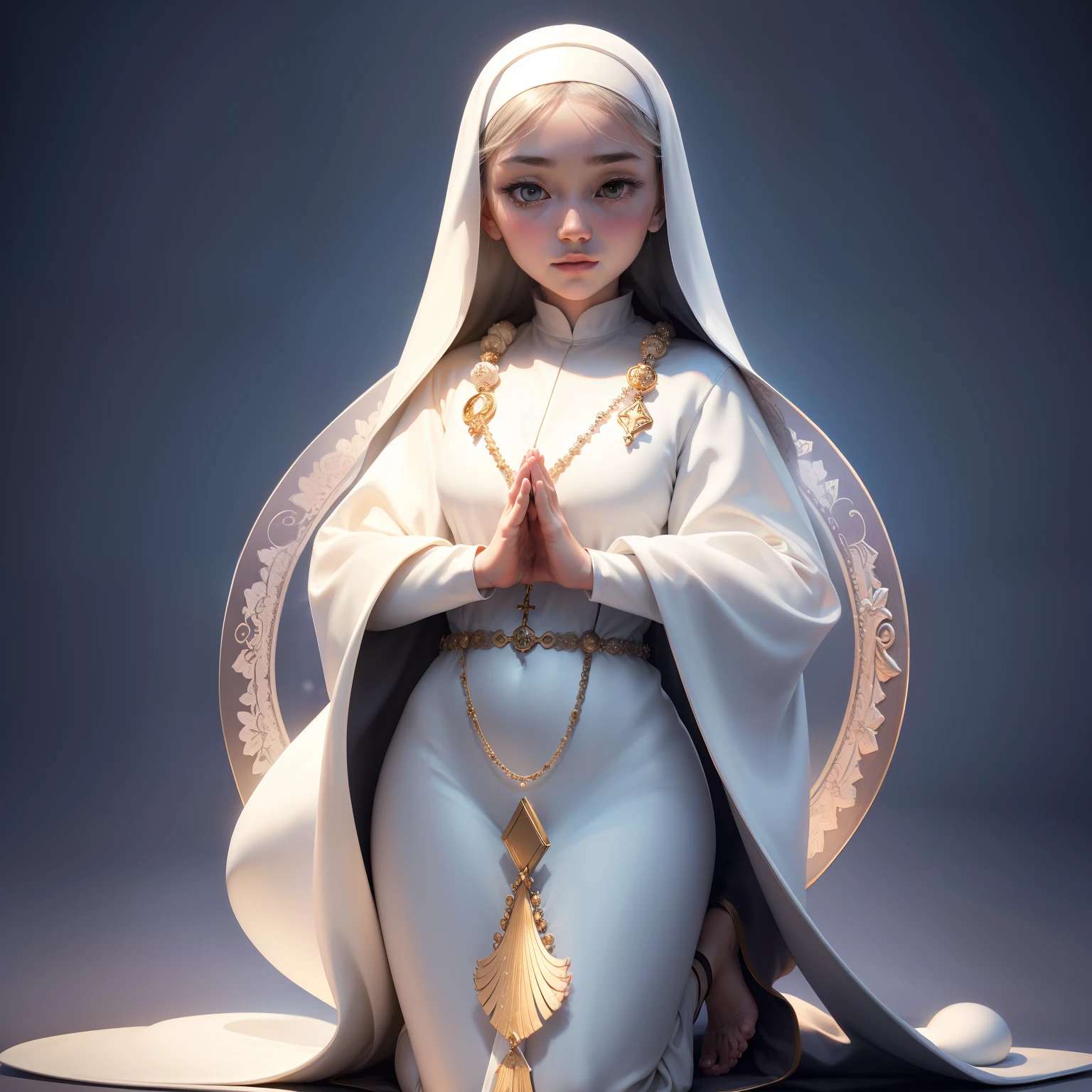 (best quality,8k,highres,masterpiece:1.2), ((full body view)), realistic,spiritual nun with hands joined in pray, ultra-detailed eyes,longeyelashes,in transparent background,religious,photorealistic,portrait,ivory white dress,rosary beads in hands,morning sunlight,soft lighting,peaceful atmosphere, subtle colors,delicate brushstrokes,luminous image composition,gentle and serene expression,tranquility,vivid colors。