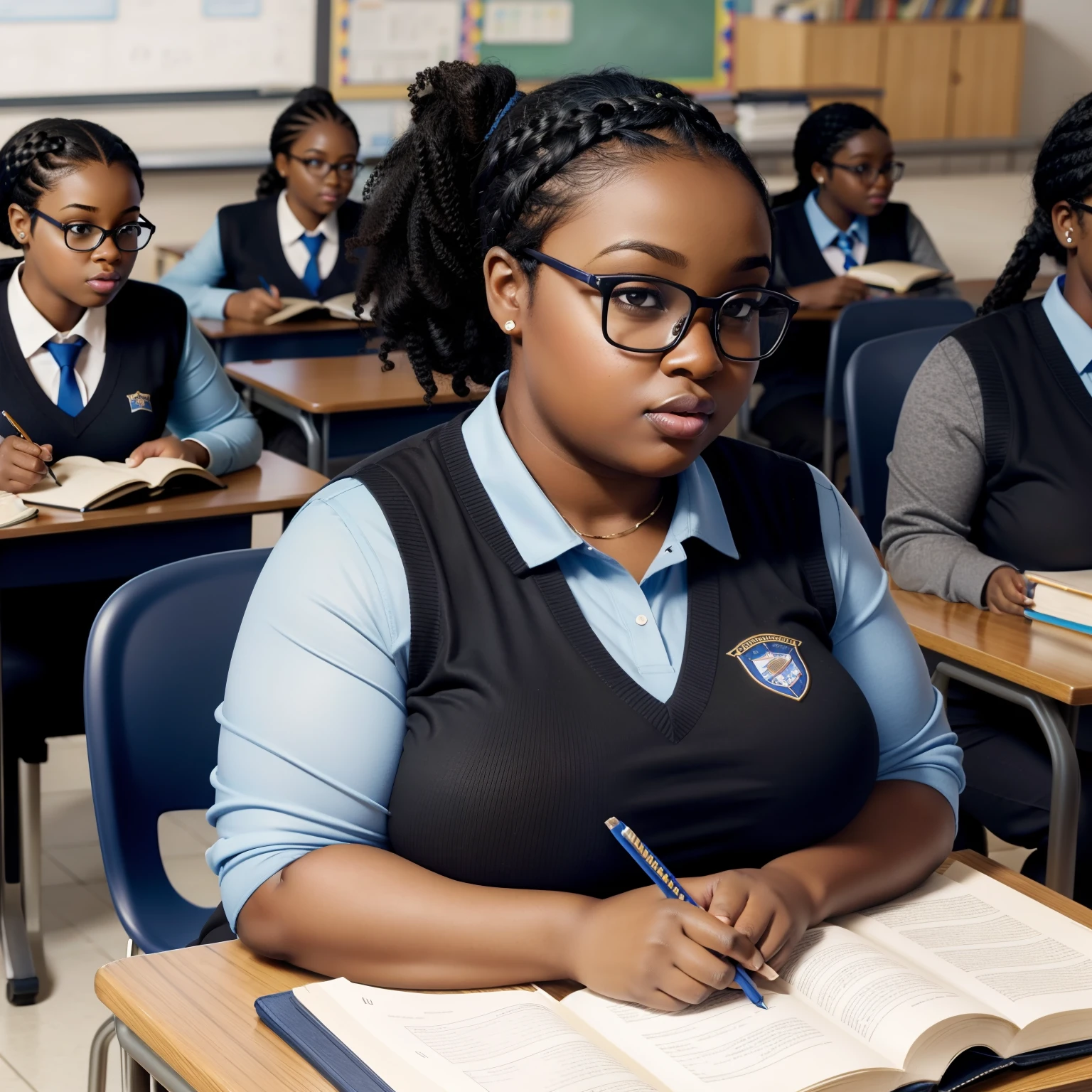 Hyper realistic, very fat black girl, dynamic lighting, very detailed, hydrated black skin, short hair, curly hair, nerdy glasses, big boobs. Studying, blue school uniform, sitting, classroom, hair tied, ponytail, books on the table, pens and pencils