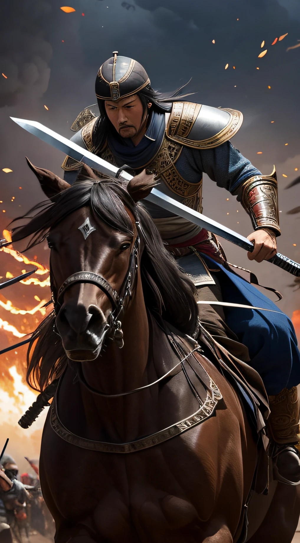 Generate a very high quality image depicting two Mongol knights facing each other in brutal sword combat, as they ride toward each other. A cena deve ser intensa, com sangue e carnificina. Make sure the image accurately conveys the brutality of the confrontation, destacando os detalhes realistas das armaduras, das espadas e dos cavalos. The atmosphere should reflect the tension of the moment and the authenticity of the Mongolian culture of the time.