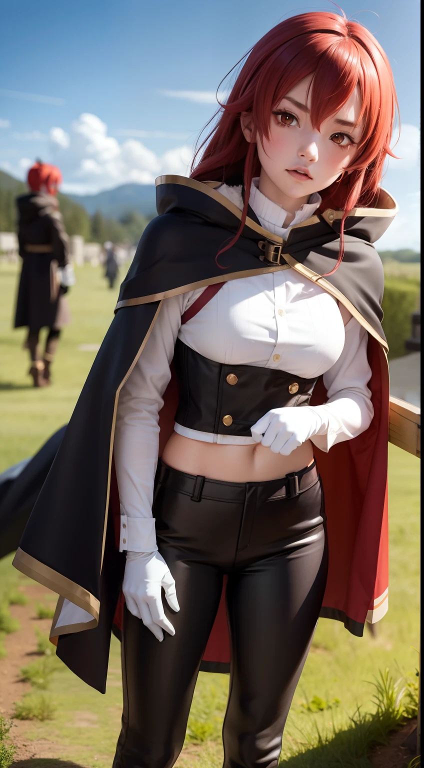 eris greyrat, 1girl, black gloves, black pants, blush, brown footwear, cloak, cloud, cloudy sky, gloves, grass, hand up, long hair, looking at viewer, looking down, outdoors, pants, red eyes, red hair, shoes, sky, solo, standing, absurdres, commentary, highres, lunia, mushoku tensei