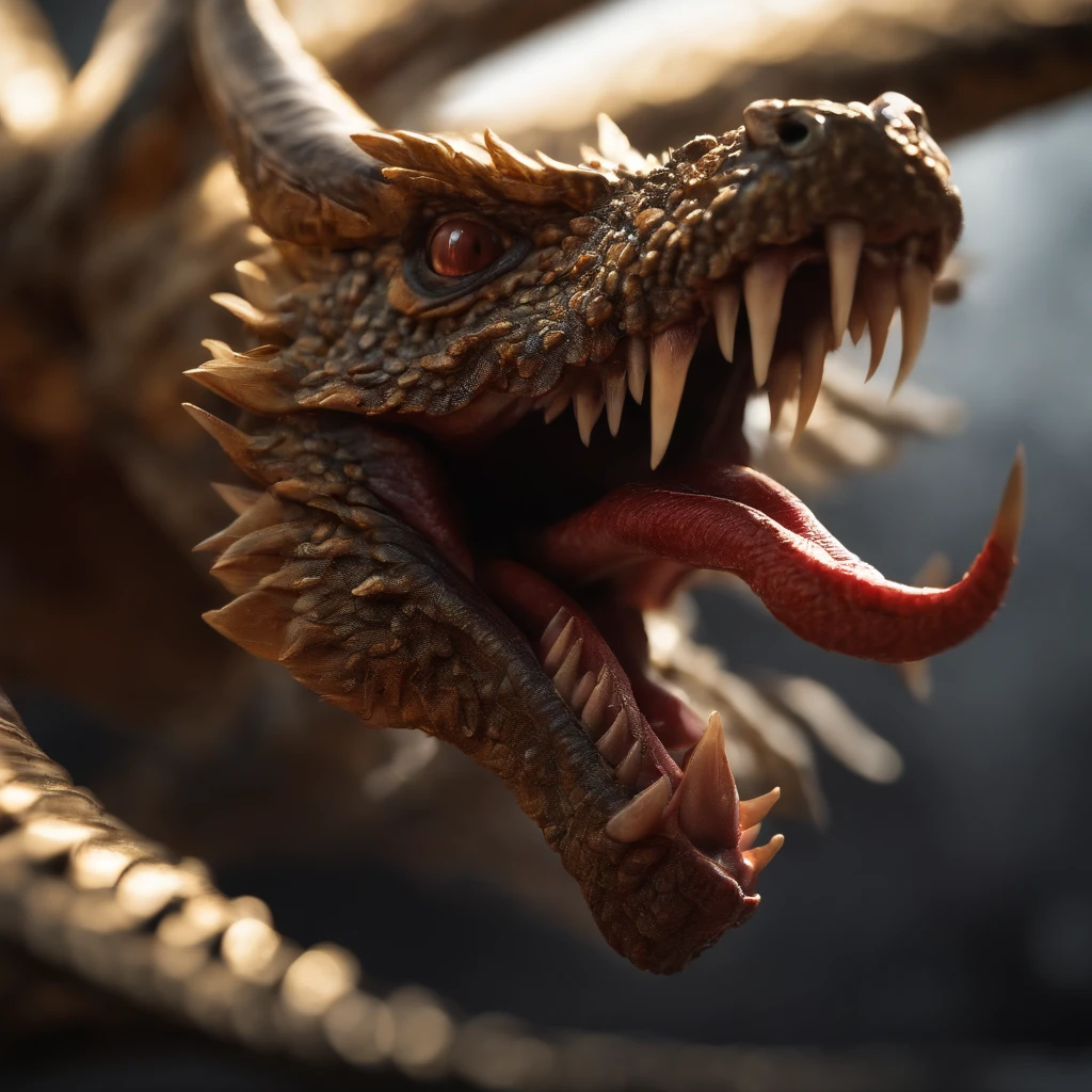 Golden Tenryu,Sharp red eyes,Release of blood fire close-up from the nose,Chest scales,hiquality,8K,many details,Fire salad,alas,4 legs,Spotted claws,golds,Danger,Fires,sharp teeth,Big Dragon,immensity,menacing,imposing