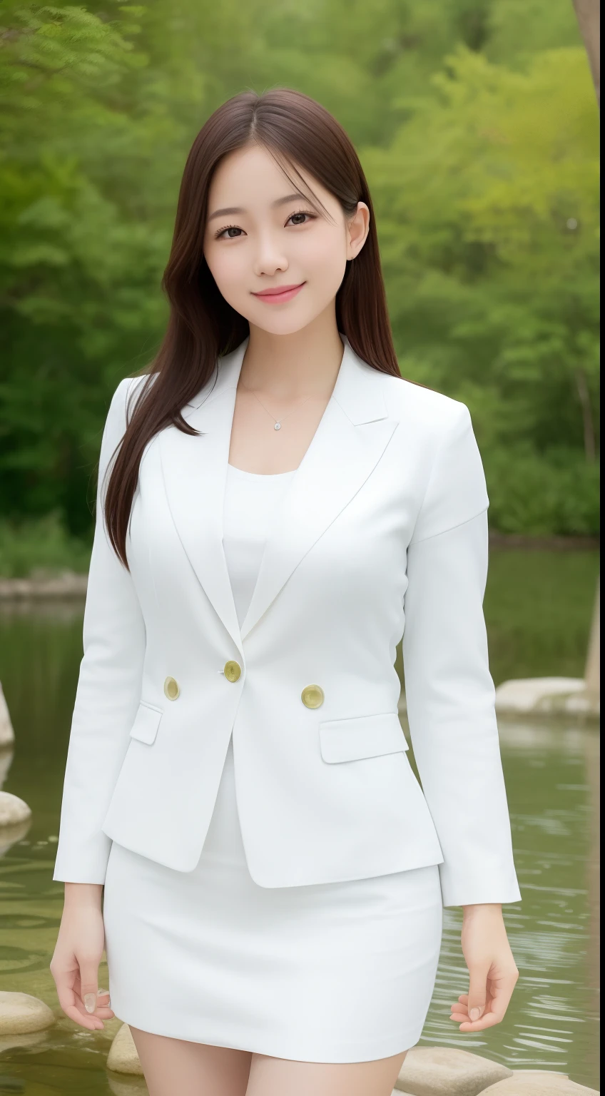 A smiling girl,While wearing a white Business suits,White tight skirt,Stand by the pond,Side view,High hips,com rosto detalhado,The eyes are delicate,The photo quality is the best,Realistic image quality,Background diffuse lighting,Depth of field display。