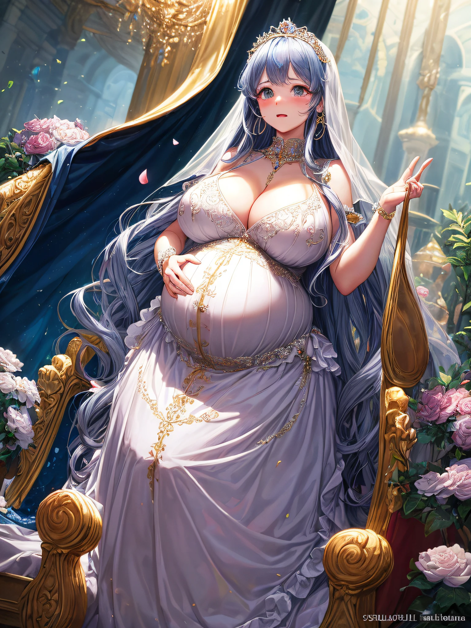 (masterpiece, best quality,extremely detailed:1.1),(moe anime art style:1.2),1girl,((full body,focus face)),((solo)), cute, kawaii,digital art,((1 bling-bling pregnant princess wearing beautiful embroidery and jeweled gorgeous princess rococo ballgown with jeweled voluminous full length hoop skirt)),(((heavily pregnant,very big pregnant belly))),((crinoline)),long train,voluminous frills,See-through,(gorgeous embroidery and beautiful lace),((very gigantic boobs,skindentation)),cleavage,shiny hair,(((very long straight hair,large amount of straight hair))),((embarrassed)),anguish,((finely detailed face and eyes)),clear pupil,extremely gorgeousfull hair ornament,(bling-bling jeweled extremely gorgeousfull tiara),(bling-bling gorgeous gemstone jewelry),long veil,beautiful background,fantasy background,flowers,flower petals flowing,full body,((beautiful embroidery and jeweled ruffled gorgeous princess rococo ballgown with voluminous full length hoop skirt))