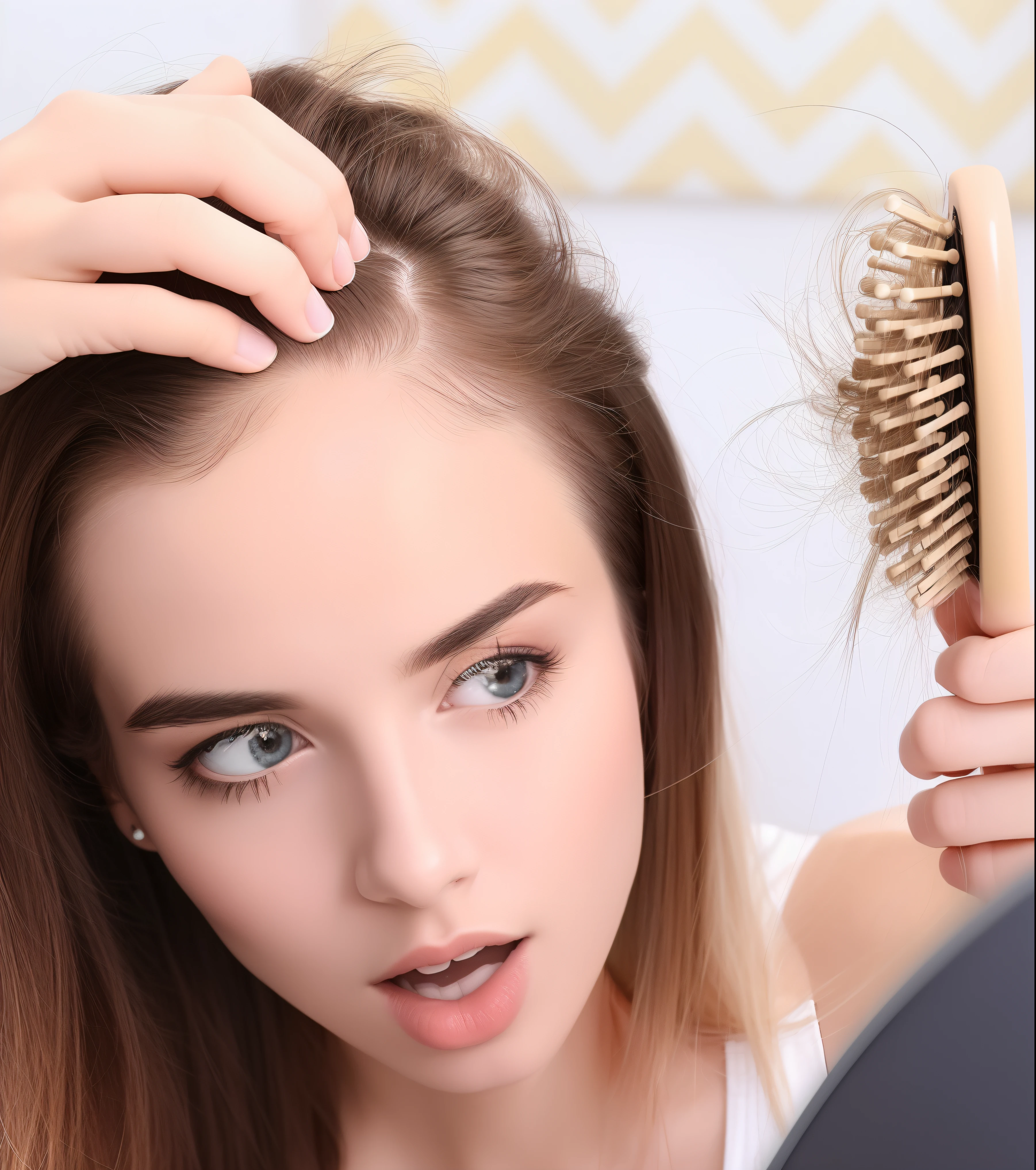 Mulher penteando o cabelo em frente a um espelho, queda de cabelo, cabelos carecas, linha do cabelo recuada, cabelos grisalhos, cabelo molhado pingando, cabelos oleosos, Cabelo zumbido no templo, redahair and attractive features, sopro de cabelo, cabelo sobre o rosto, parted hair, com cabelo e pele texturizados, cabelo virado para fora, balding
