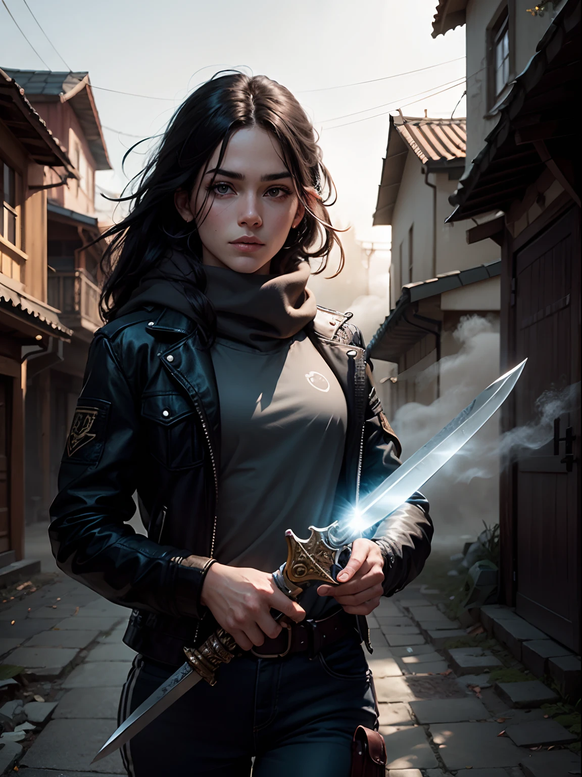 "Mystic Bandit": Sombrio e misterioso, black hair a skilled thief with supernatural abilities and a hidden past, vestindo um manto de sombras, olhos brilhando com poder arcano, Holding an enchanted blade, surrounded by ethereal mist, esgueirando-se pelas ruas iluminadas pela lua, leaving no trace behind.