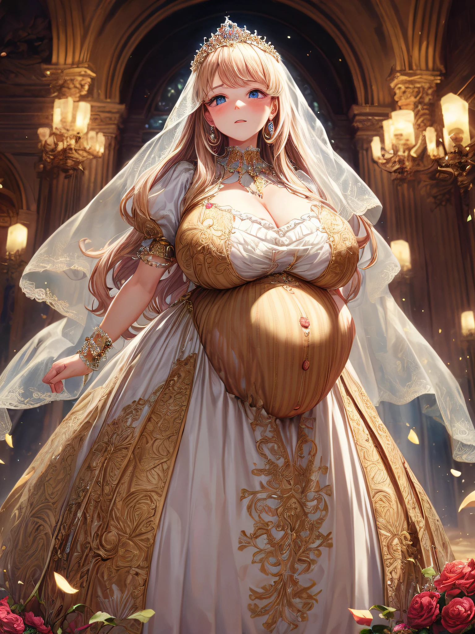 (masterpiece, best quality,extremely detailed:1.1),(moe anime art style:1.2),1girl,((full body,focus face)),((solo)), cute, kawaii,digital art,((1 bling-bling pregnant princess wearing beautiful embroidery and jeweled gorgeous rococo ballgown with jeweled voluminous full length hoop skirt)),(((heavily pregnant))),very big pregnant belly,((crinoline)),long train,voluminous frills,See-through,(gorgeous embroidery and beautiful lace),((very gigantic boobs,skindentation)),cleavage,shiny hair,(((very long hair,very long straight hair))),((embarrassed)),anguish,((finely detailed face and eyes)),clear pupil,extremely gorgeousfull hair ornament,(bling-bling jeweled extremely gorgeousfull tiara),(bling-bling gorgeous gemstone jewelry),long veil,(beautiful background),fantasy background,flowers,flower petals flowing,full body,((beautiful embroidery and jeweled ruffled gorgeous rococo ballgown with voluminous full length hoop skirt))