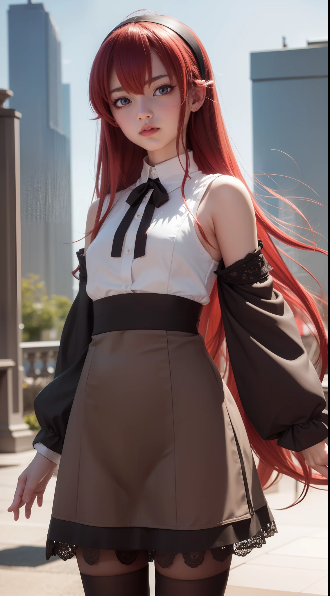 erisgreyrat, eris greyrat, ahoge, hair between eyes, long hair, (red eyes:1.5), red hair, sidelocks, (small breast:1.2),
BREAK black hairband, black ribbon, brown skirt, hairband, long sleeves, neck ribbon, pantyhose, ribbon, shirt, shoulder cutout, skirt, white pantyhose, white shirt, wide sleeves,
BREAK looking at viewer,
BREAK outdoors, city,
BREAK (masterpiece:1.2), best quality, high resolution, unity 8k wallpaper, (illustration:0.8), (beautiful detailed eyes:1.6), extremely detailed face, perfect lighting, extremely detailed CG, (perfect hands, perfect anatomy),