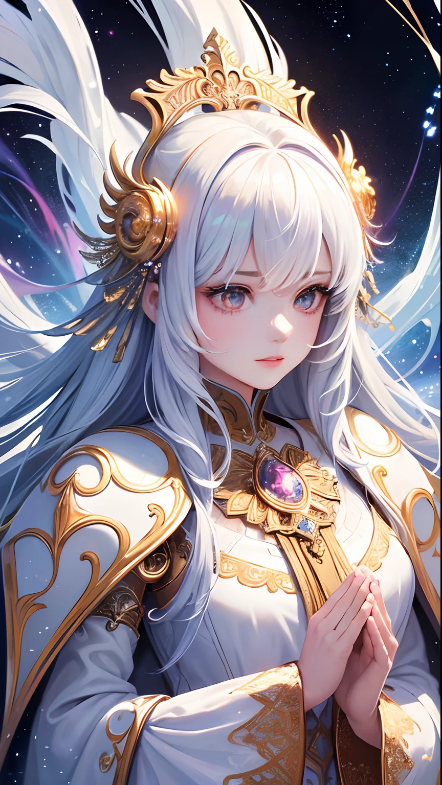 (masterpiece, top quality, best quality, official art, beautiful and aesthetic:1.2), (1girl), extreme detailed, (fractal art:1.3), colorful, highest detailed, perfect face, upper body, HDR, (praying:1.3), (white cloak golden lines:1.2), galaxy, (light streaks), striking visuals, (dynamic streaks, luminous trails:1.2), vibrant colors,