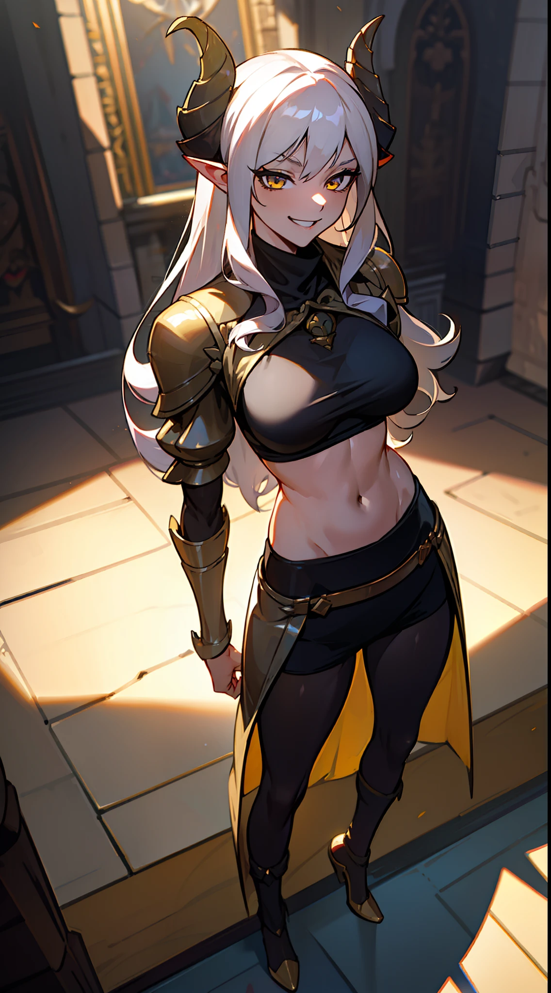 girl, tall,brown skin, hidden arms,long hair, white hair,curly hair, detailed pretty eyes, yellow eyes,(((villain, psycho,  villain smile, psychopath, ))), medium boobs, mid waist,show abdomen, medium thighs, gold armor outfit, long black stockings, detailed clothes, masterpiece, hyper realistic, high definition,black horns,black pantyhose,elves ears,yellow scarf,(((standing inside of a castle)))