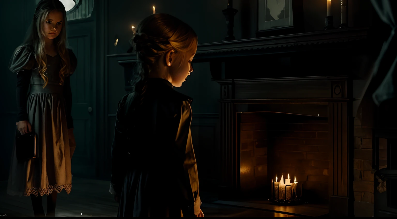 Create an illustration depicting a chilling, haunted house, where an aura of fear hangs heavy in the air. The room is dimly lit by a flickering fireplace, casting eerie shadows on the decaying wallpaper. On one wall, an ancient clock, frozen in time, ominously marks the passing seconds with a haunting tick.In the center of the room stands a woman, her long blonde hair tied in a tight ponytail, dressed in an ethereal, floor-length lace gown. She exudes an air of unsettling elegance and an aura of mystery.Beside her, a child of approximately 10 years old, dressed in the attire of a 1950s school uniform, stares into the abyss with wide, fearful eyes. The room's darkness and the figures' ghostly appearance heighten the sense of dread.The room is illuminated only by the wavering light of candles, their flickering adding to the unsettling ambiance. The atmosphere is thick with fear and foreboding.This illustration aims to evoke deep-seated fear and unease, emphasizing the sinister details within the scene, all captured in a high-resolution, ultra-detailed 8k rendering.