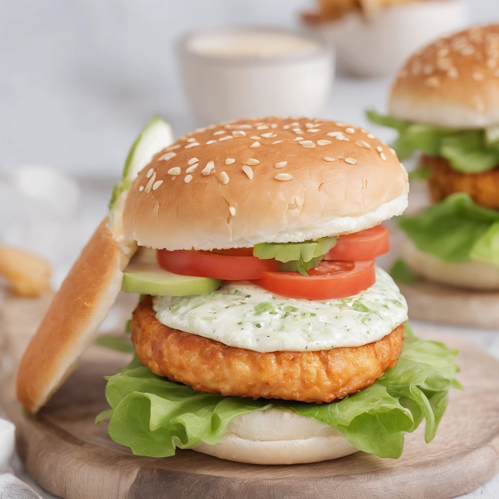 a chicken burger, Editorial Photography, Photography, Shot on 70mm lens, Depth of Field, Bokeh, DOF, Tilt Blur, Shutter Speed 1/1000, F/22, White Balance, 32k, Super-Resolution, white background