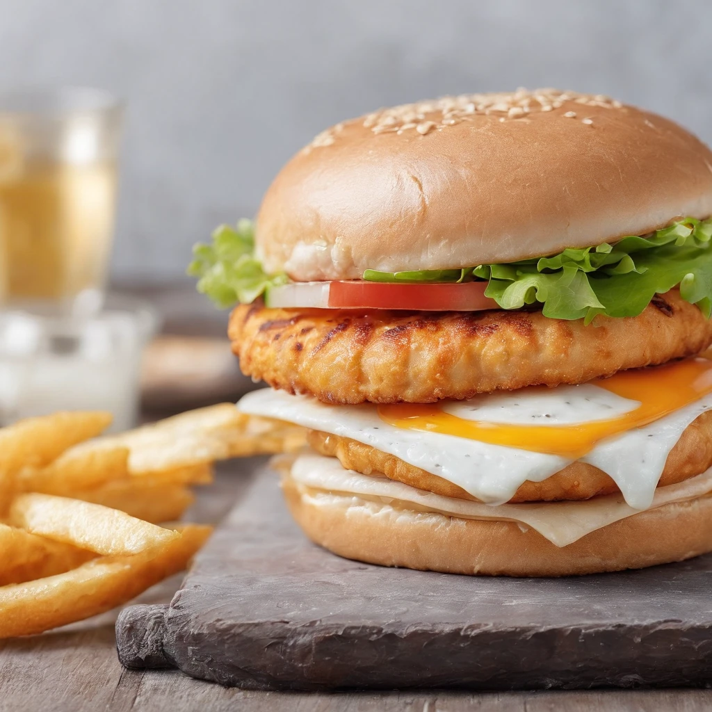 a chicken burger, Editorial Photography, Photography, Shot on 70mm lens, Depth of Field, Bokeh, DOF, Tilt Blur, Shutter Speed 1/1000, F/22, White Balance, 32k, Super-Resolution, white background