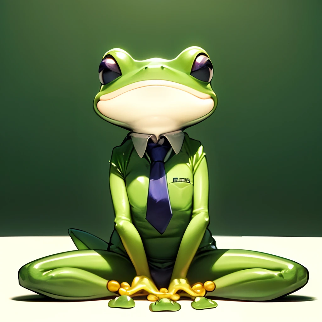 Drawing of a frog sitting on the ground with its legs crossed, frog, portrait of a frog, frog perspective, illustratio, shape of frogs, Hand drawn illustration, froggy,Simple illustration, froggy、3D Art、Beautiful picture、hated、caps、Frog in tie、Red pupil