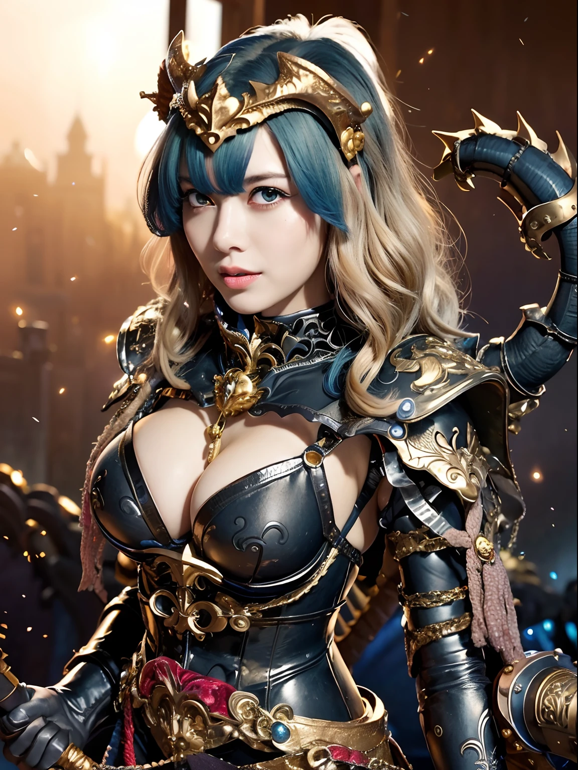 Professional , ​masterpiece、top-quality、photos realistic , depth of fields 、（Dragon Black Metal Body:1.９),(Matte Blue Black、(Night World)、（cleavage of the breast）、Dragon Gold Weapon、（Micro Bikini Armor:1.４),Gorgeous gold weapons ,（Fight dragons）、Seductive look、（（ Dragon's dense and gorgeous sword）） , （demonic wings）   ,Detail and gorgeous crown、（（a blond））、（Castle background）、（（Gangle's forest background））、Beautiful Caucasian beauty、１a person、dynamic ungle,(((Detailed and ornate dragon helmet)))、Smaller head、A smile、Castle background、Thin and beautiful female hands、cleavage of the breast、Soldier in iron armor on background、Mystical expression、Light Effects、intense fighting、Wind-effect、magic circles、With the legendary magic wand、Dragon's tail、Toostock、Toostock、