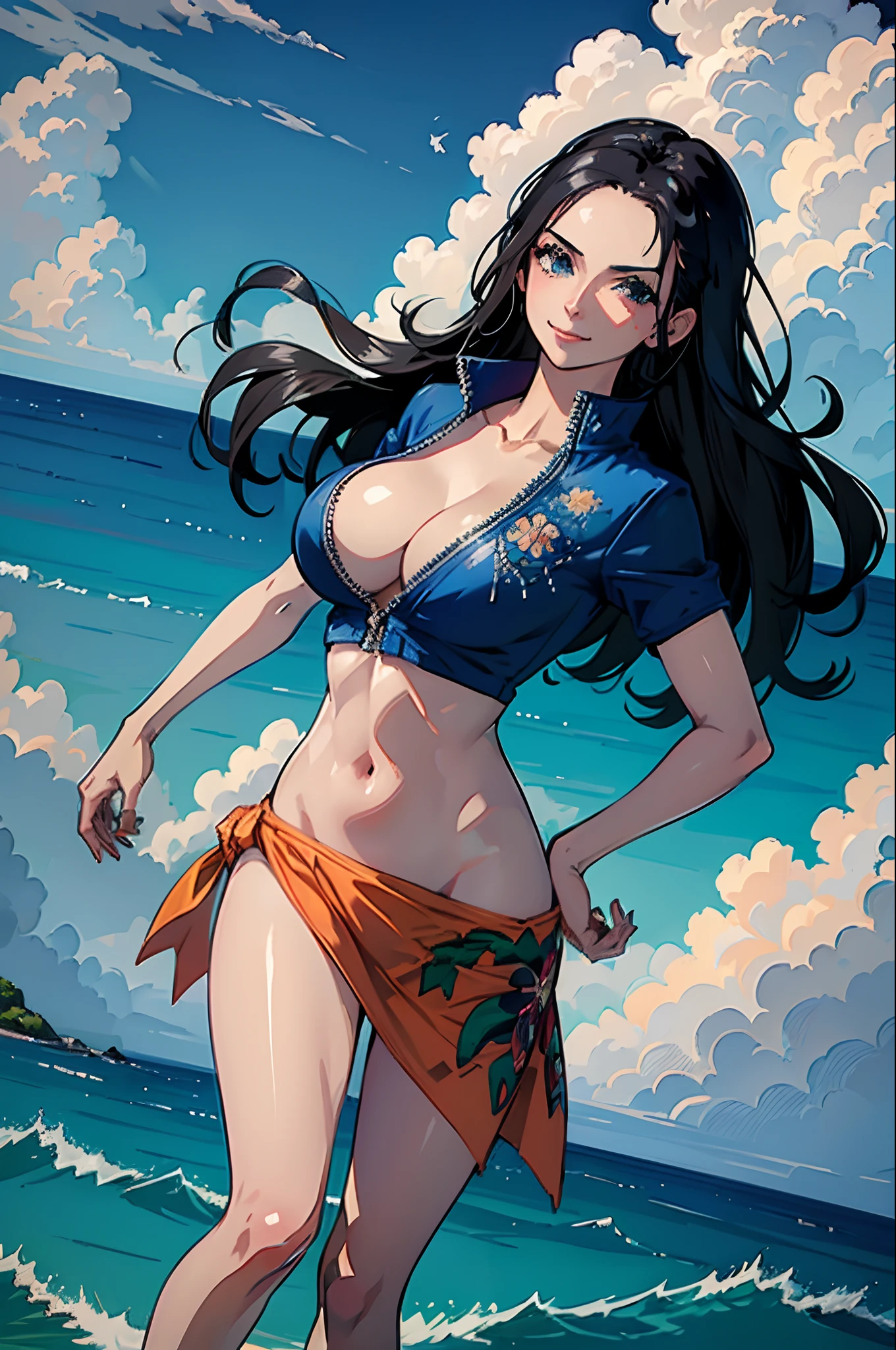 (((masterpiece))), NicoRobin, 1girl, solo, full body, long hair, looking at viewer, smile, blue eyes, large breasts, black hair, navel, holding, cleavage, closed mouth, standing, collarbone, jacket, short sleeves, cowboy shot, outdoors, sky, day, midriff, cloud, water, stomach, blue sky, crop top, groin, hand on hip, ocean, sunglasses, eyewear on head, zipper, cropped jacket, high collar, unzipped, sarong, hair slicked back, partially unzipped, print sarong,