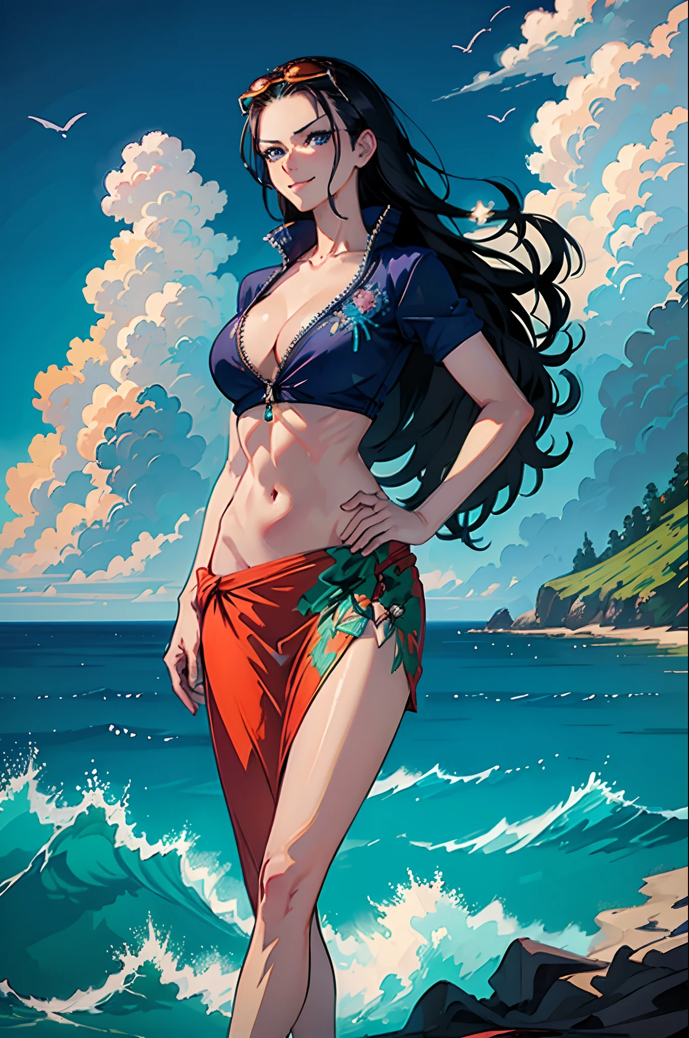 (((masterpiece))), NicoRobin, 1girl, solo, full body, long hair, looking at viewer, smile, blue eyes, large breasts, black hair, navel, holding, cleavage, closed mouth, standing, collarbone, jacket, short sleeves, cowboy shot, outdoors, sky, day, midriff, cloud, water, stomach, blue sky, crop top, groin, hand on hip, ocean, sunglasses, eyewear on head, zipper, cropped jacket, high collar, unzipped, sarong, hair slicked back, partially unzipped, print sarong,