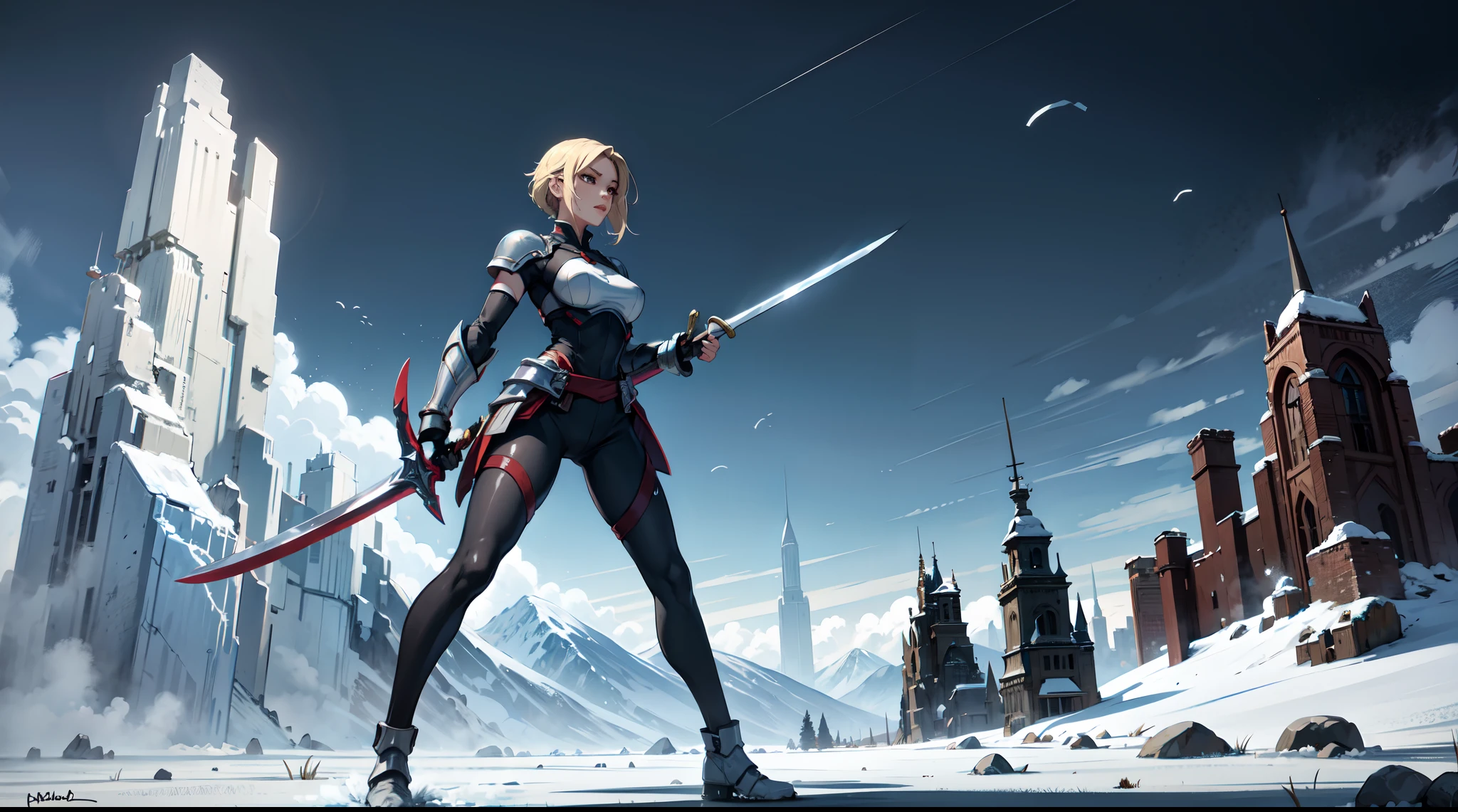 masterpiece, ((White clothes)),best quality, Agrias, simple armor with neckline, short blonde hair, assasina, white shoe, ice, fantasy, solo, pants, ice effects, Holding a sword, perfect hands, perfect fingers, highleg tights,using anbu mascarat,full body,Background on a battlefield with several dead on the horizon, cutting head with sword,