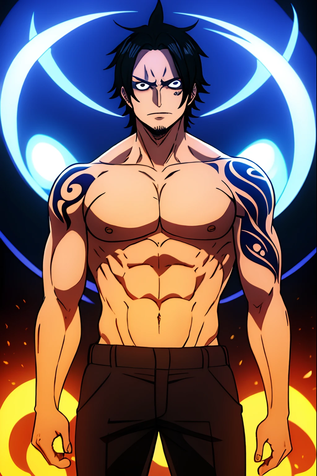 "Drawing of a demon male character floating in the universe, shirtless, demonic body, moon demon, glowing tattoo, in an anime style. The eyes are dark blue, and the background features moon and blue lighting."