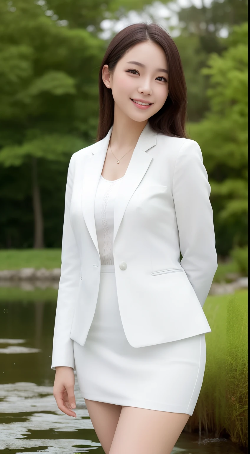 A smiling girl,While wearing a white Business suits,White tight skirt,Stand by the pond,Side view,High hips,com rosto detalhado,The eyes are delicate,The photo quality is the best,Realistic image quality,Background diffuse lighting,Depth of field display。