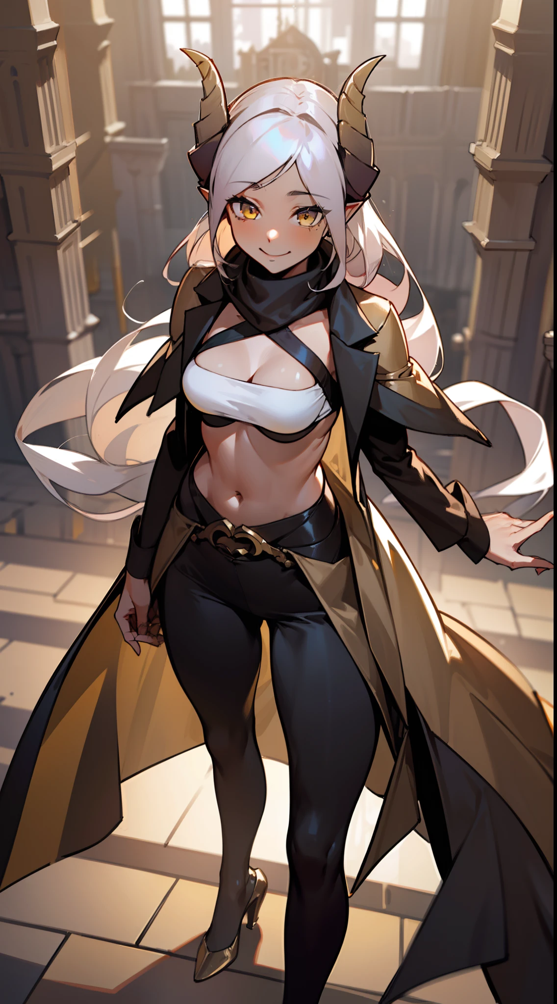 girl, tall,brown skin, hidden arms,long hair, white hair,curly hair, detailed pretty eyes, yellow eyes,(((villain, psycho, villain smile, psychopath, ))), medium boobs, mid waist,show abdomen, medium thighs, gold armor outfit, long black stockings, detailed clothes, masterpiece, hyper realistic, high definition,black horns,black pantyhose,elves ears,yellow scarf,(((standing inside of a castle)))