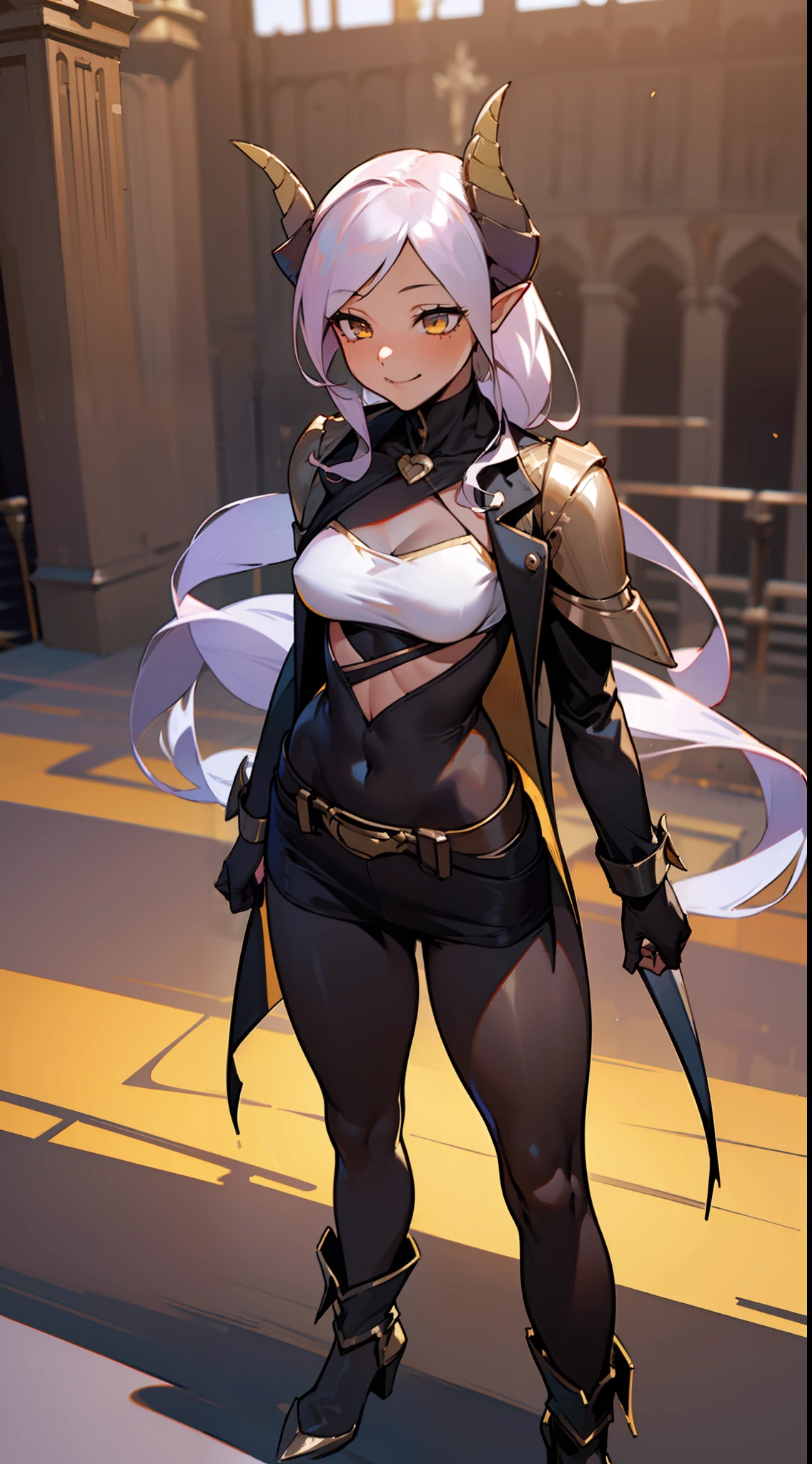 girl, tall,brown skin, hidden arms,long hair, white hair,curly hair, detailed pretty eyes, yellow eyes,(((villain, psycho,  villain smile, psychopath, ))), medium boobs, mid waist,show abdomen, medium thighs, gold armor outfit, long black stockings, detailed clothes, masterpiece, hyper realistic, high definition,black horns,black pantyhose,elves ears,yellow scarf,(((standing inside of a castle)))