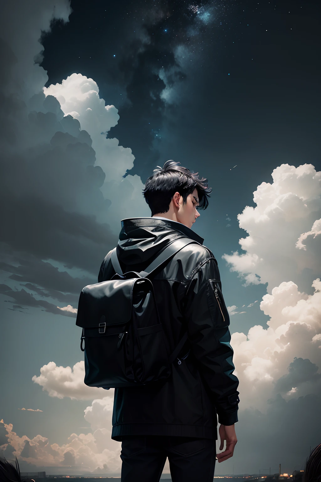 A young man with black hair, facing away, gazing at the dark and cloudy sky, prominently featured. The young man will be positioned in the lower left corner, HIS SIZE REDUCED BY HALF, with the majority of the image filled with clouds. The image style will be COMIC