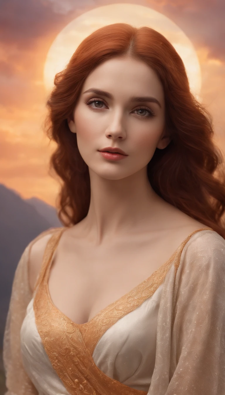Angelic being without human affections, a creator being of the universe, mythology, In the background of the image, a scenario of heavenly mountains, orange clouds. The style of the image should be in comics, with strong and striking strokes, and mythological and angelic touches on the characters