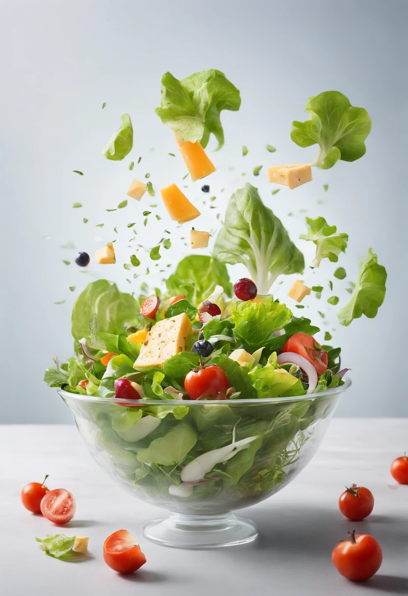 salad flying through the air with cheese and lettuce, Editorial Photography, Photography, Shot on 70mm lens, Depth of Field, Bokeh, DOF, Tilt Blur, Shutter Speed 1/1000, F/22, White Balance, 32k, Super-Resolution, white background