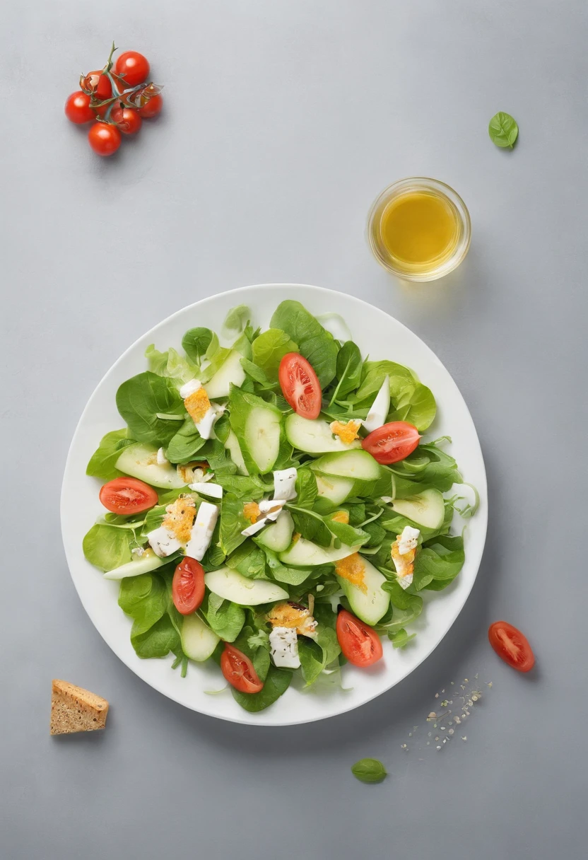 salad flying through the air with cheese and lettuce, Editorial Photography, Photography, Shot on 70mm lens, Depth of Field, Bokeh, DOF, Tilt Blur, Shutter Speed 1/1000, F/22, White Balance, 32k, Super-Resolution, white background