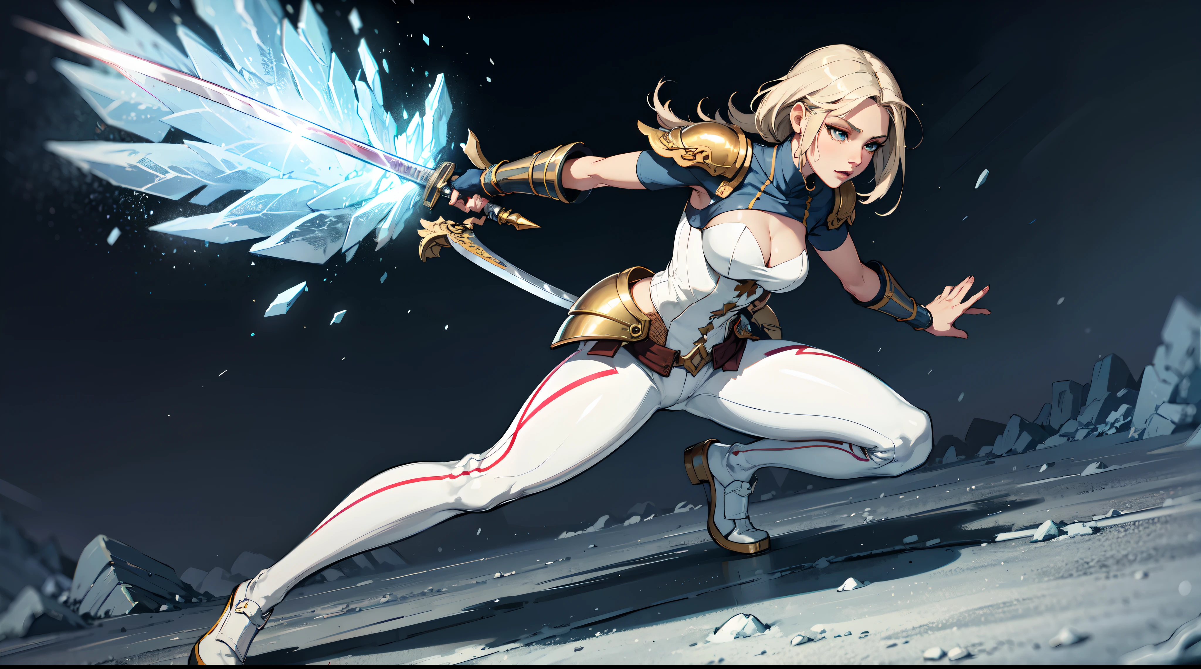 masterpiece, ((White clothes)),best quality, Agrias, simple armor with neckline, short blonde hair, assasina, white shoe, ice, fantasy, solo, pants, ice effects, Holding a sword, perfect hands, perfect fingers, highleg tights,using anbu mascarat,full body,Background on a battlefield with several dead on the horizon, cutting head with sword,