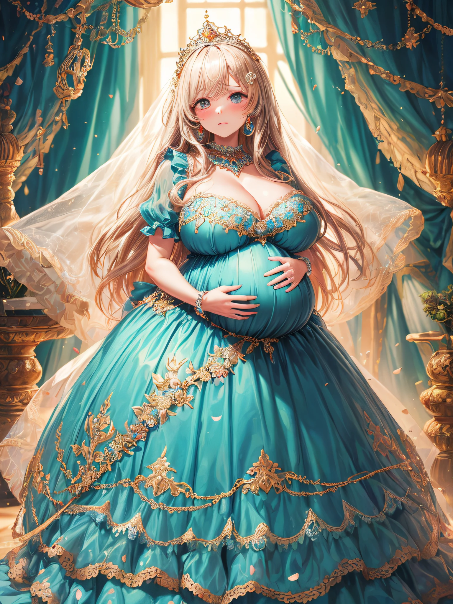 (masterpiece, best quality,extremely detailed:1.1),(moe anime art style:1.2),1girl,((full body,focus face)),((solo)), cute, kawaii,digital art,((1 bling-bling pregnant princess wearing beautiful embroidery and jeweled gorgeous princess rococo ballgown with jeweled voluminous full length hoop skirt)),(((heavily pregnant,very big pregnant belly))),((crinoline)),long train,voluminous frills,See-through,(gorgeous embroidery and beautiful lace),((very gigantic boobs,skindentation)),cleavage,shiny hair,(((very long straight hair,large amount of straight hair))),((embarrassed)),anguish,((finely detailed face and eyes)),clear pupil,extremely gorgeousfull hair ornament,(bling-bling jeweled extremely gorgeousfull tiara),(bling-bling gorgeous gemstone jewelry),long veil,beautiful background,fantasy background,flowers,flower petals flowing,full body,((beautiful embroidery and jeweled ruffled gorgeous princess rococo ballgown with voluminous full length hoop skirt))