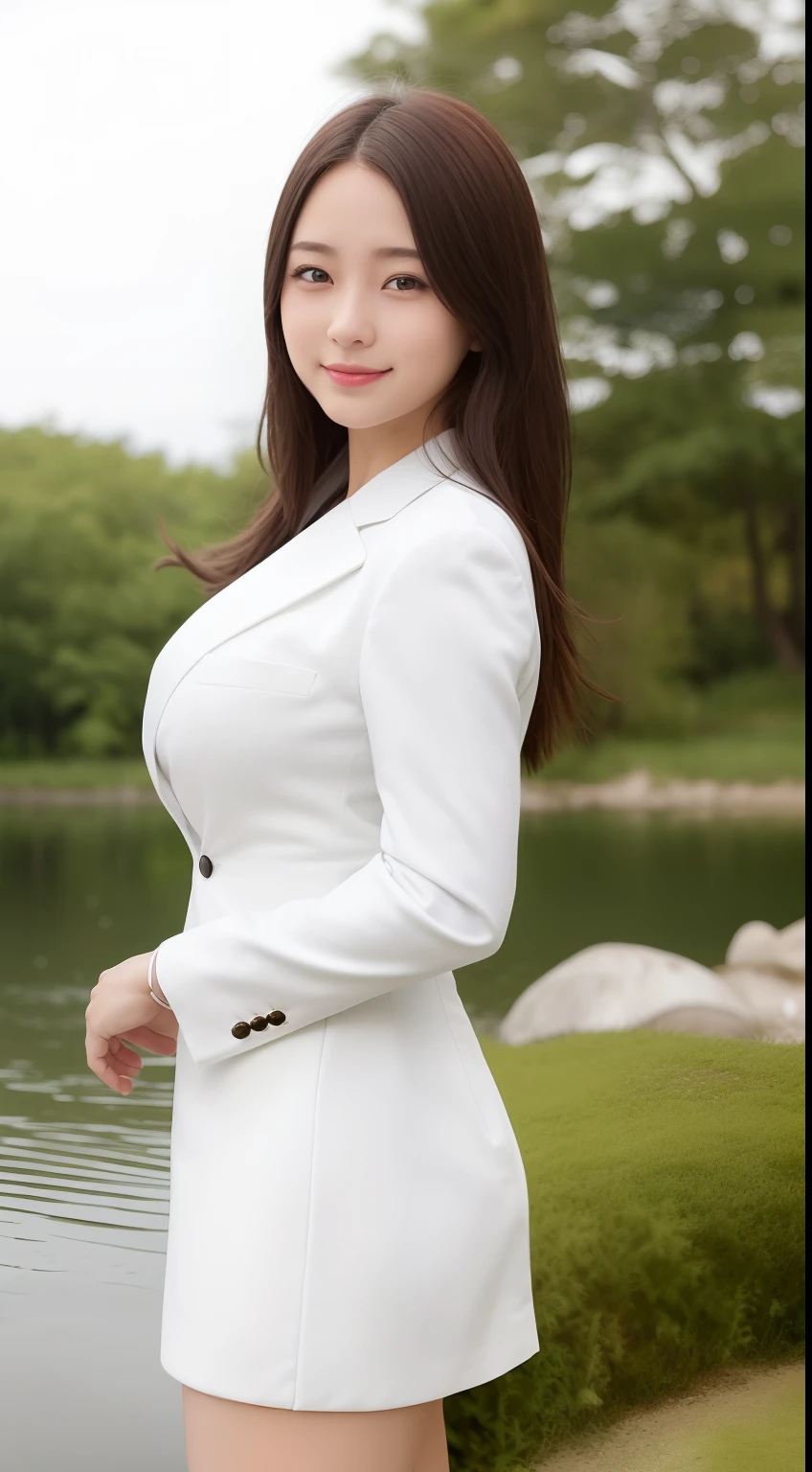 A smiling girl,While wearing a white Business suits,White tight skirt,Stand by the pond,Side view,High hips,com rosto detalhado,The eyes are delicate,The photo quality is the best,Realistic image quality,Background diffuse lighting,Depth of field display。