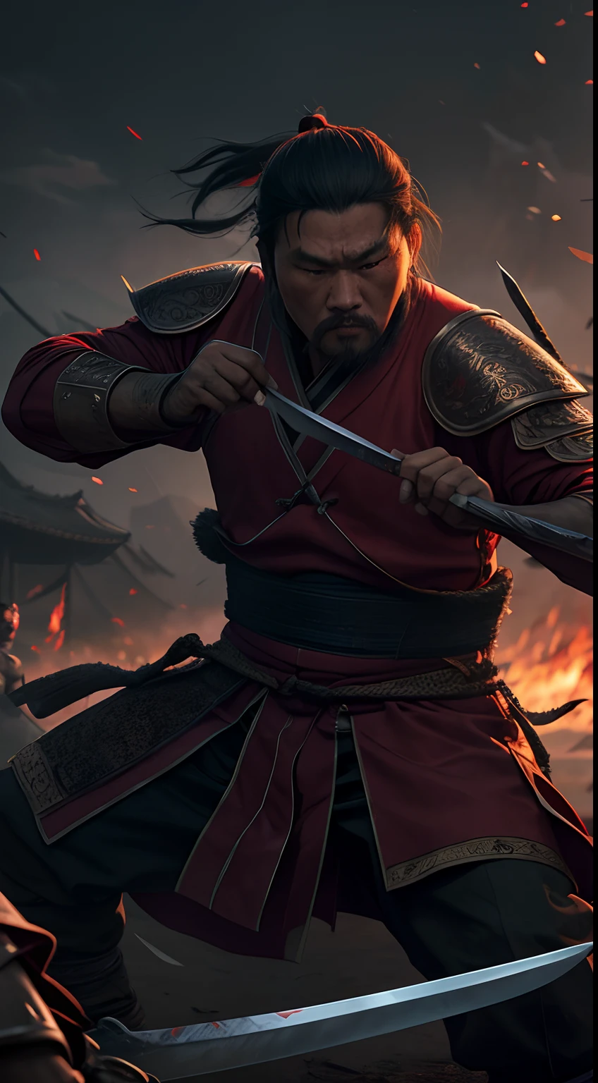 Generate a high quality image that depicts the 'two Mongols' fighting with sharp blades, Mongol Empire. In the scene, blood, carnage. atmosphere of the time. dark scene, night. epic, cinematic image