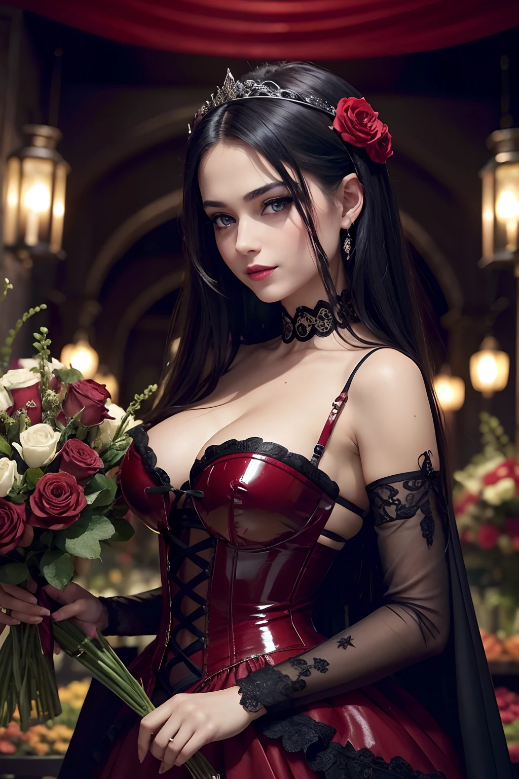 high details, best quality, 16k, RAW, [best detailed], masterpiece, best quality, (extremely detailed), full body, ultra wide shot, photorealistic, dark fantasy art, goth art, RPG art, D&D art, a picture of a dark female fairy showing flowers in a florist shop, extremely beautifil fairy, ultra feminine (intense details, Masterpiece, best quality), best detailed face (intense details, Masterpiece, best quality), having wide butterfly wings, spread buterfly wings (intense details, Masterpiece, best quality), dark colors wings (intense details, Masterpiece, best quality), black hair, long hair, shinning hair, flowing hair, shy smile, innocent smile, blue eyes, dark red lips, wearing [red] dress latex corset (intense details, Masterpiece, best quality), dynamic elegant shirt, chocker, wearing high heels, in flower shop (intense details, Masterpiece, best quality), [extreme many flowers] (intense details, Masterpiece, best quality), dark colorful flowers (intense details, Masterpiece, best quality), flower shop in a dark goth era street background, dim light, cinematic light, gaslight lamp light, High Detail, Ultra High Quality, High Resolution, 16K Resolution, Ultra HD Pictures, 3D rendering Ultra Realistic, Clear Details, Realistic Detail, Ultra High Definition