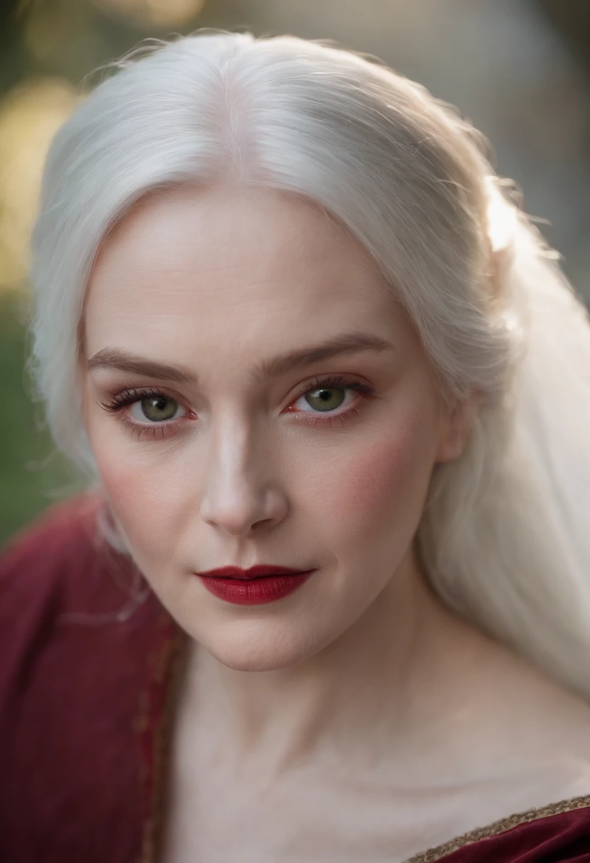 (((a deep reddish wound crosses her left cheek))) fair complexion, 0ldman around 100 years old, natural white hair, distinctive green eyes, wearing kohl, slender and graceful, beautiful, candlelight in a medieval setting, ultra sharp focus, realistic shot, medieval robe clothes, tetradic colors (scar:1.4), facing front
