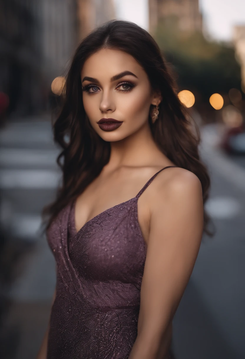 arafed woman with nice attractive sexy clothes, sexy girl with brown eyes, portrait sophie mudd, black hair and large eyes, selfie of a young woman, violet myers, with makeup, natural makeup, looking away from the camera, face with artgram, subtle makeup, stunning upper body shot, in New york city with beautiful background the buildings , cleavage , show the cars and the people