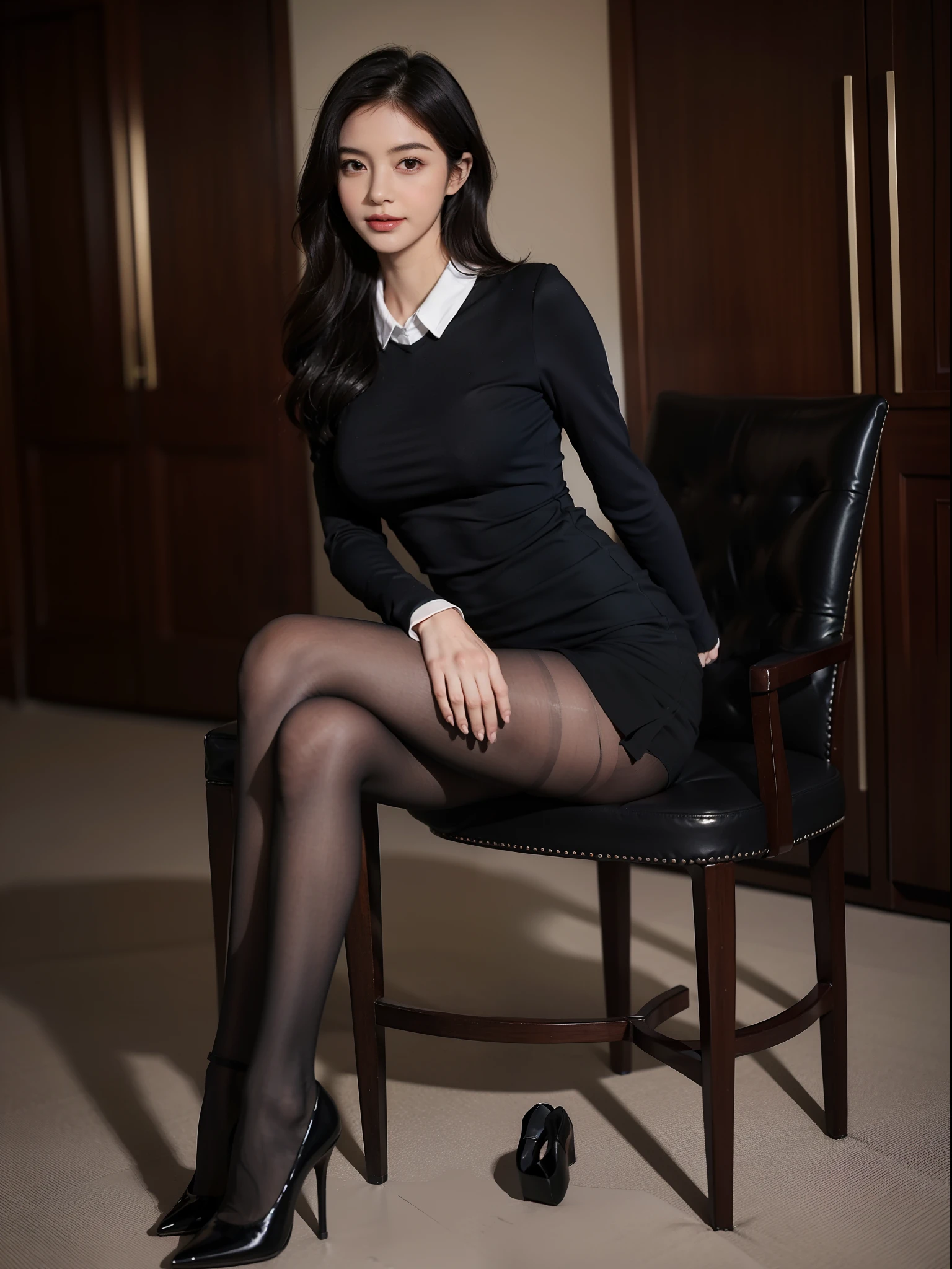 Heavy makeup,Clear flesh-colored pantyhose,8K,By bangs,waved hair,Stiletto heels,Long legs,on the rooftop,formal outfit