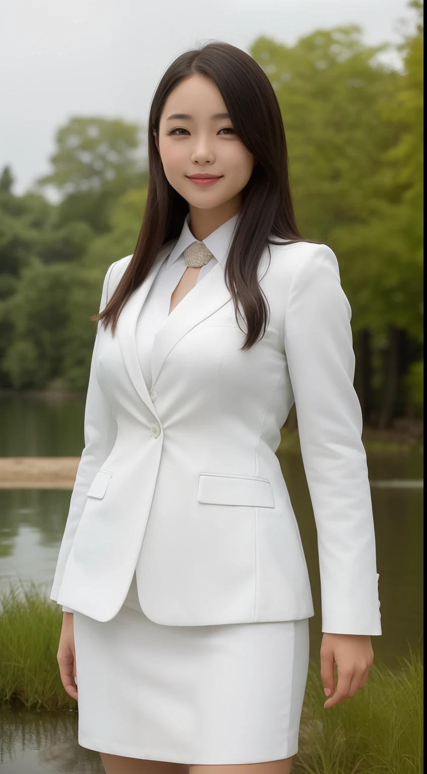 A smiling girl,While wearing a white Business suits,White tight skirt,Stand by the pond,Side view,High hips,com rosto detalhado,The eyes are delicate,The photo quality is the best,Realistic image quality,Background diffuse lighting,Depth of field display。